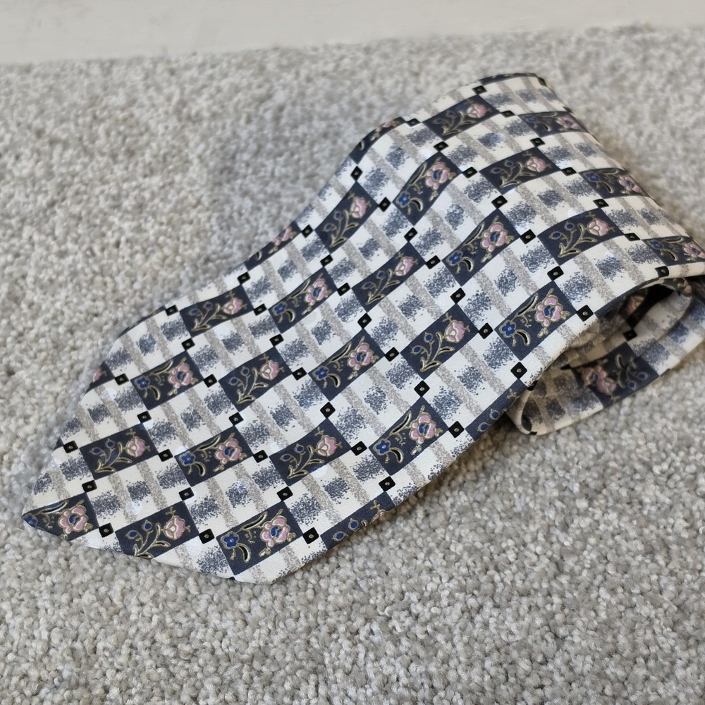 Brioni Roma Silk Tie Gray Blue Floral Check Geometric Italy Luxury Neck Tie 4"
